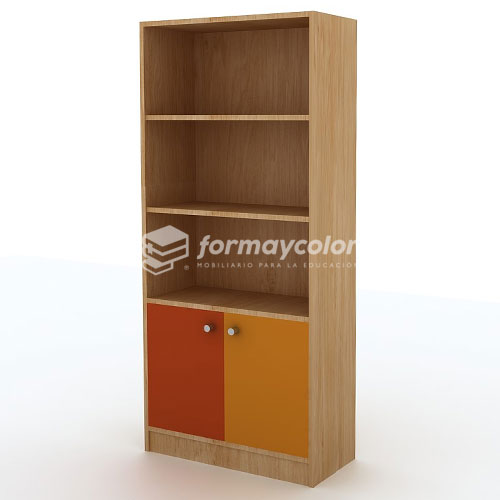 Estante para libros con dos puertas inferiores.